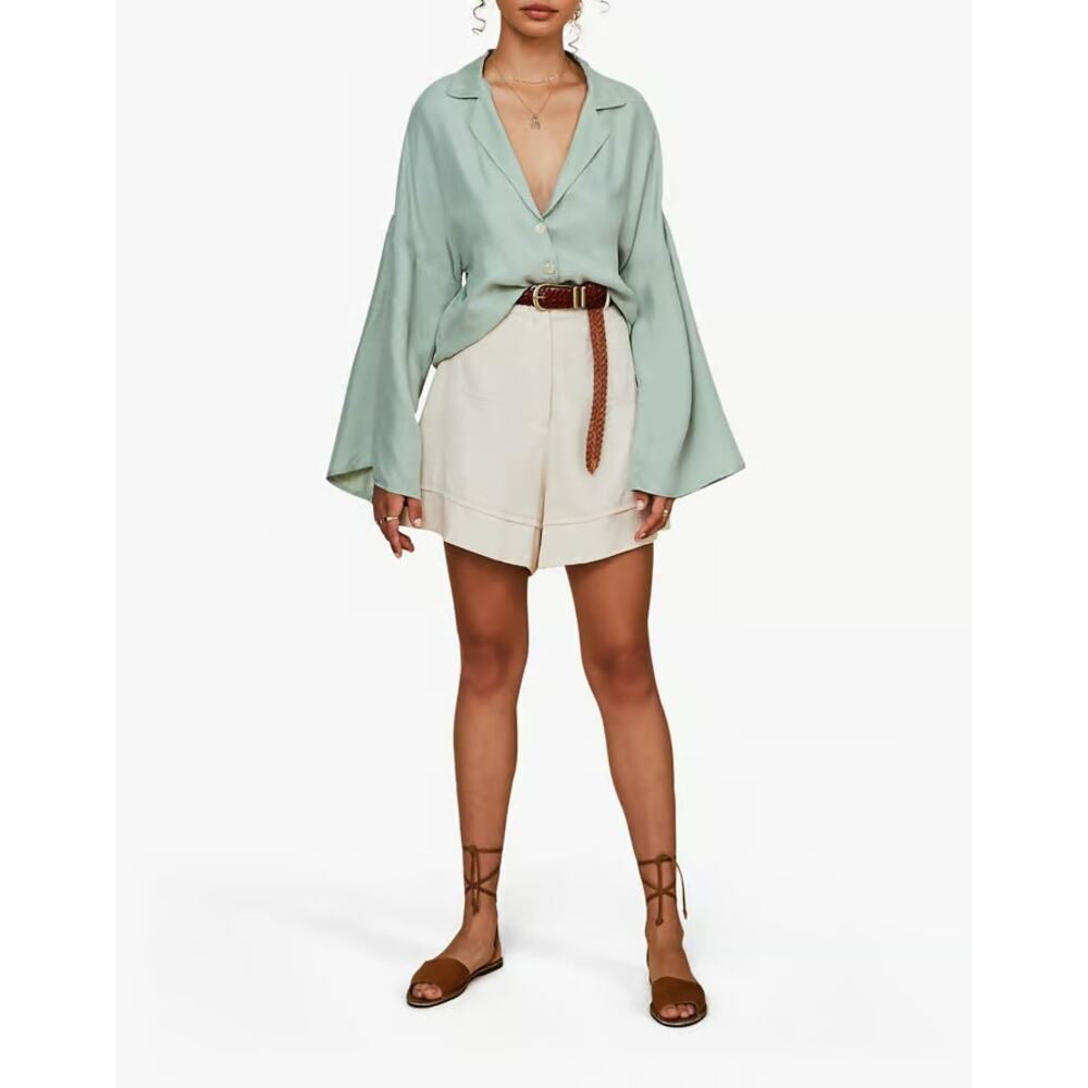 Anthropologie Top Sancia Annika Blouse Celadon Green Silky Shirt Flare Sleeve XS